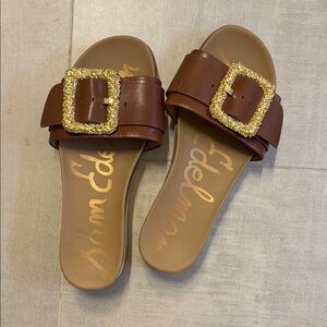 Sam Edelman Brown Slide Sandals with Gold Buckle